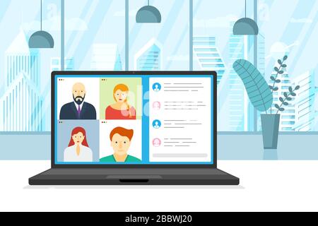 People group on laptop screen taking part in online conference. Virtual work meeting and distance education webinar or videoconferencing. Video conferencing and web communication vector illustration Stock Vector