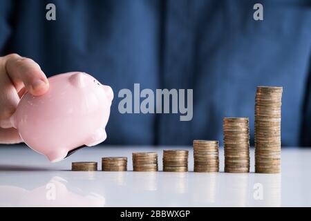 Piggybank Walking On Stack Of Coins At Desk Stock Photo