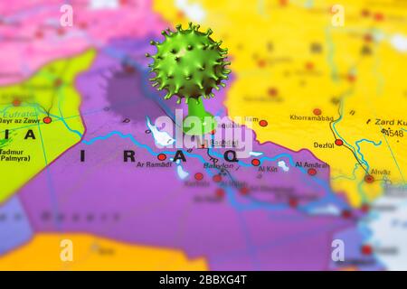 Covid-19 outbreak or new Coronavirus, 2019-nCoV, virus pin in Baghdad on map of Iraq. Covid 19-NCP virus: contagion and propagation of disease in Iraq Stock Photo