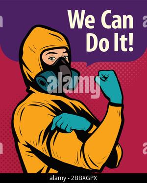 Man in chemical protective suit. We Can Do It, retro poster Stock Vector