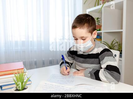 Distance learning and online education. Schoolboy studying at home Stock Photo