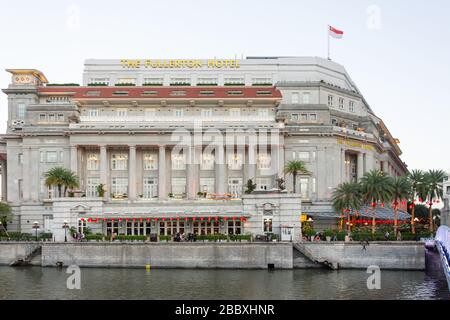 The Fullerton Hotel with Chinese New Year decorations, Fullerton Square, Civic District, Central Area, Singapore Stock Photo