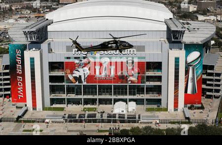 A U.S. Customs and Border Protection, Air and Marine Operations, Black Hawk helicopter flies over NRG Stadium in advance of Super Bowl LI in Houston, Texas, Jan 31, 2017. Stock Photo