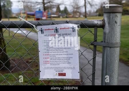 Canadian public warnings posted at school playgrounds during Covid-19 lockdown in  Maple Ridge, British Columbia on April 1st 2020 Stock Photo