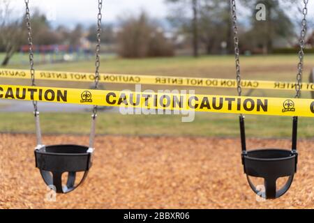 Canadian public warnings posted at school playgrounds during Covid-19 lockdown in  Maple Ridge, British Columbia on April 1st 2020 Stock Photo