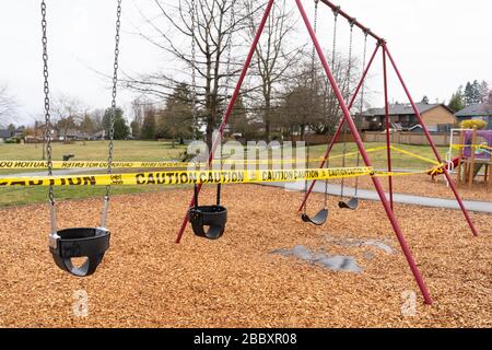 Canadian public warnings posted at school playgrounds during Covid-19 lockdown in  Maple Ridge, British Columbia on April 1st 2020 Stock Photo