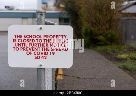 Canadian public warnings posted at school playgrounds during Covid-19 lockdown in  Maple Ridge, British Columbia on April 1st 2020 Stock Photo
