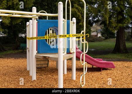 Canadian public warnings posted at school playgrounds during Covid-19 lockdown in  Maple Ridge, British Columbia on April 1st 2020 Stock Photo