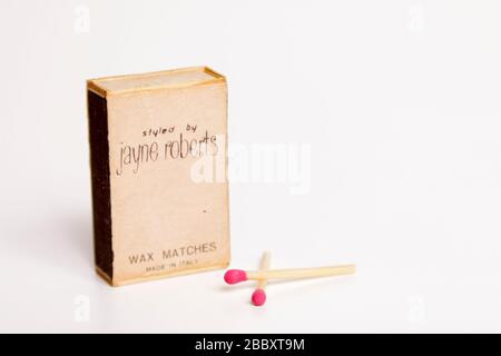 Matchbox with Styled By Jayne Roberts wax matches Stock Photo