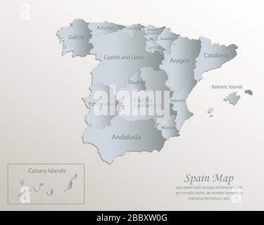 Spain map, administrative division with names, white blue card paper 3D vector Stock Vector