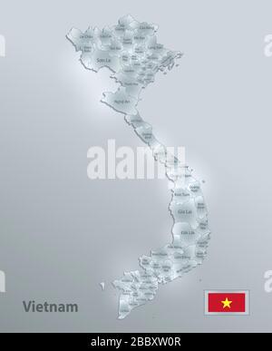 Vietnam map and flag, administrative division, separates regions and names, design glass card 3D vector Stock Vector
