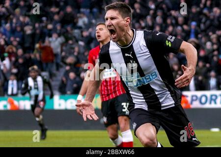 Federico Fernandez of Newcastle celebrates after scoring a winning goal to make it 2-1 - Newcastle United v Southampton, Premier League, St James' Park, Newcastle upon Tyne, UK - 8th December 2019  Editorial Use Only - DataCo restrictions apply Stock Photo