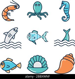 fill style icon set design Sea animals life ecosystem fauna ocean underwater water nature marine tropical theme Vector illustration Stock Vector