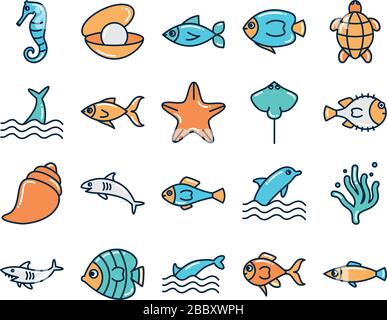 fill style icon set design Sea animals life ecosystem fauna ocean underwater water nature marine tropical theme Vector illustration Stock Vector