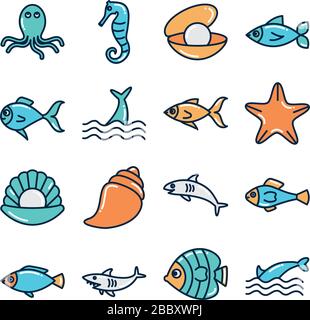 fill style icon set design Sea animals life ecosystem fauna ocean underwater water nature marine tropical theme Vector illustration Stock Vector