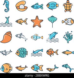 fill style icon set design Sea animals life ecosystem fauna ocean underwater water nature marine tropical theme Vector illustration Stock Vector