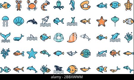 fill style icon set design Sea animals life ecosystem fauna ocean underwater water nature marine tropical theme Vector illustration Stock Vector