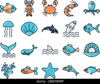 fill style icon set design Sea animals life ecosystem fauna ocean underwater water nature marine tropical theme Vector illustration Stock Vector