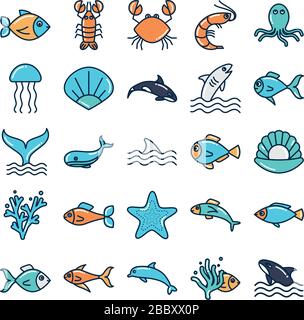 fill style icon set design Sea animals life ecosystem fauna ocean underwater water nature marine tropical theme Vector illustration Stock Vector