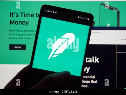 Montreal, Canada - March 08, 2020: Robinhood app and logo on screen. Robinhood financial services company. The company offers mobile app and website t Stock Photo