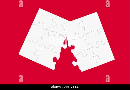 Blank white puzzle split in half isolated on red Stock Photo