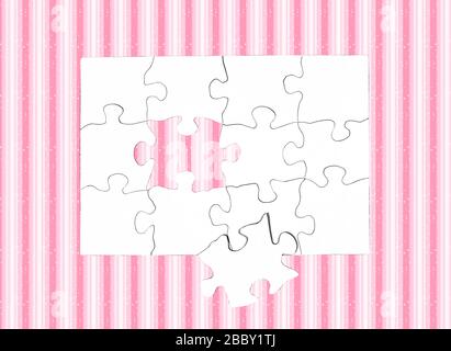 Blank white puzzle with one piece missing in the middle isolated on pink and white striped background Stock Photo