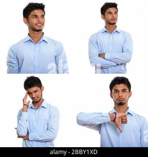 Collage of young Indian businessman thinking and looking stressed Stock Photo