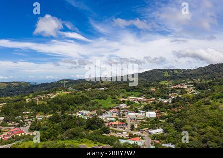 Aerial view Santa Elena town, gateway to the cloud forests of central Costa Rica and closest town to the famed Monteverde Cloud Forest Reserve. Stock Photo