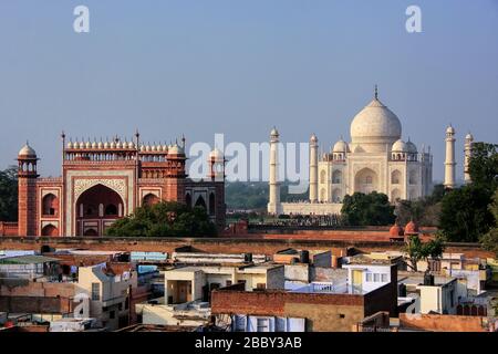 Rooftops of Taj Ganj neighborhood and Taj Mahal in Agra, India. Taj Mahal was build in 1632 by Emperor Shah Jahan as a memorial for his second wife Mu Stock Photo