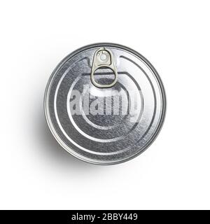 Top view of closed tin can with ring pull isolated on white background. Stock Photo