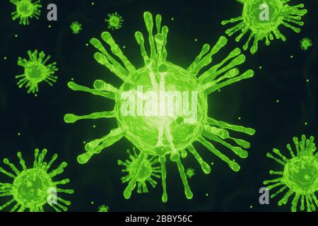 Green virus biology 3D illustration for health science background. Stock Photo
