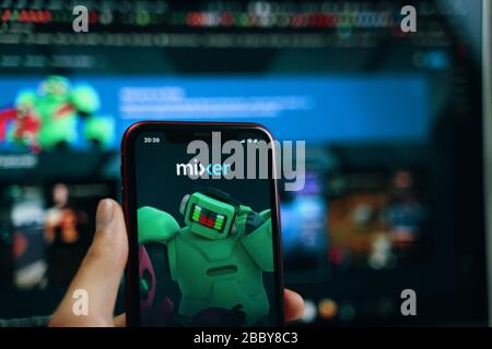 Bishkek, Kyrgyzstan - March 14, 2020: Streaming service. Mixer application for stream. Stock Photo