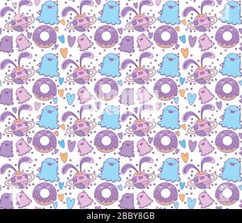 rabbits monsters and donuts cartoons background design, Kawaii expression cute character funny and emoticon theme Vector illustration Stock Vector