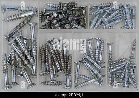 top view box of silver galvanized wood screws Stock Photo