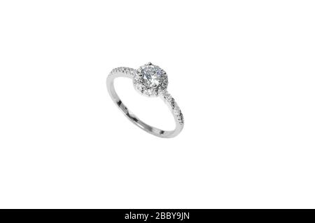 Silver diamond ring on the white background. Stock Photo