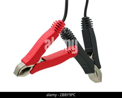 red and black clamps of jumper cable isolated on white background Stock Photo