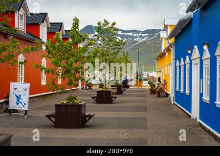 Siglufjordur, Iceland - Colorful houses along the street Stock Photo