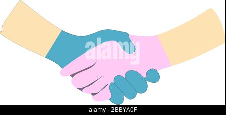 TWO hands in latex gloves isolated on a white background. Vector illustration. shaking hands, greeting and touching. Stock Vector
