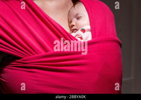 Mother carrying her cute baby daughter in sling. Newborn baby sleeping in a sling, in the embrace of her mother. The baby girl is 2 months old. Stock Photo