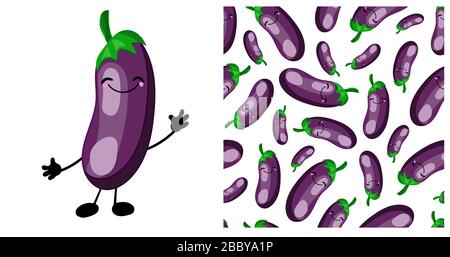 PATTERN seamless eggplant. eggplant character. children's illustration. Vegetarianism and vegetarian. Vegetables.. Stock Vector