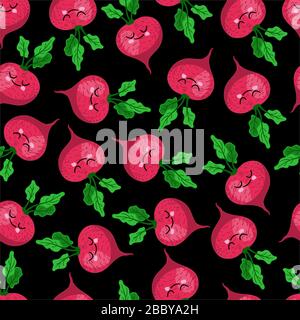 seamless radish PATTERN. Radish character. Black background. children's illustration. Vegetarianism and vegetarian. Vegetables.. Stock Vector