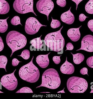 PATTERN seamless beetroot. sugar beet character. Black background. children's illustration. Vegetarianism and vegetarian. Vegetables.. Stock Vector