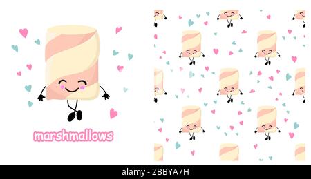 Marshmallow character. Cute cartoon marshmallows. Vector illustration . Seamless pattern.. Stock Vector