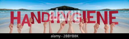 People Hands Holding Word Handhygiene Means Hand Hygiene, Ocean Background