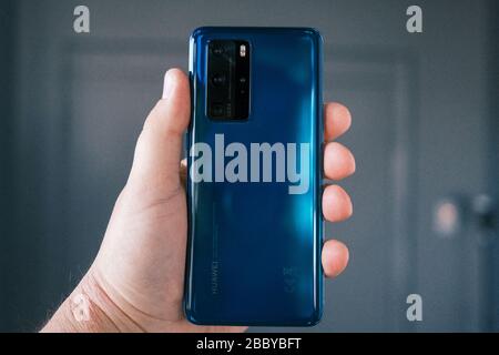 RIGA, LATVIA, MARCH 2020 - Newly launched Huawei P40 Pro smartphone is displayed for editorial purposes Stock Photo