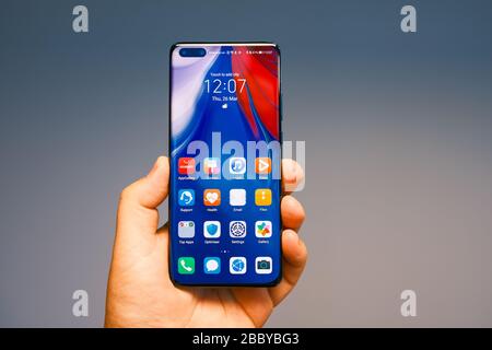 RIGA, LATVIA, MARCH 2020 - Newly launched Huawei P40 Pro smartphone is displayed for editorial purposes Stock Photo