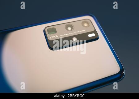 RIGA, LATVIA, MARCH 2020 - Newly launched Huawei P40 Pro smartphone is displayed for editorial purposes Stock Photo