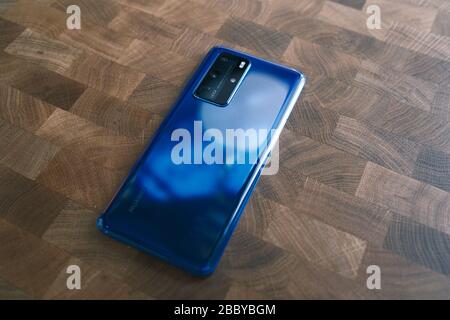 RIGA, LATVIA, MARCH 2020 - Newly launched Huawei P40 Pro smartphone is displayed for editorial purposes Stock Photo