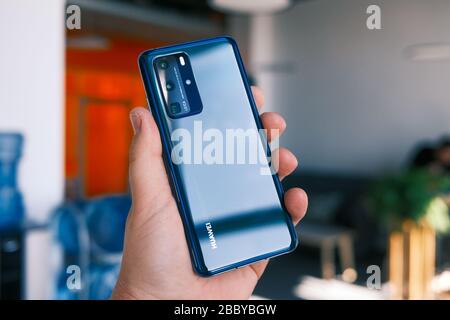 RIGA, LATVIA, MARCH 2020 - Newly launched Huawei P40 Pro smartphone is displayed for editorial purposes Stock Photo