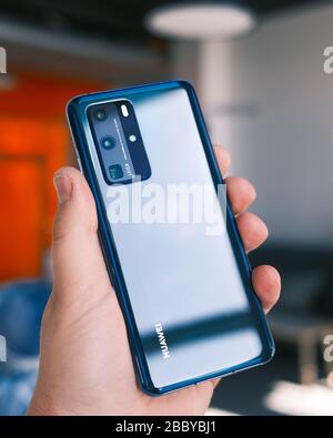 RIGA, LATVIA, MARCH 2020 - Newly launched Huawei P40 Pro smartphone is displayed for editorial purposes Stock Photo